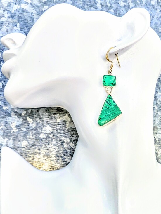Malachite & Chrome Diopside Art Deco Earrings In 925 Sterling Silver (2.5\